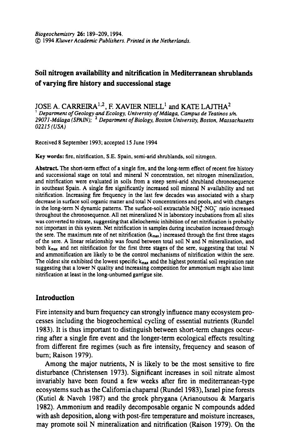 Soil nitrogen availability and nitrification in Mediterranean shrublands of varying fire history and successional stage by Unknown