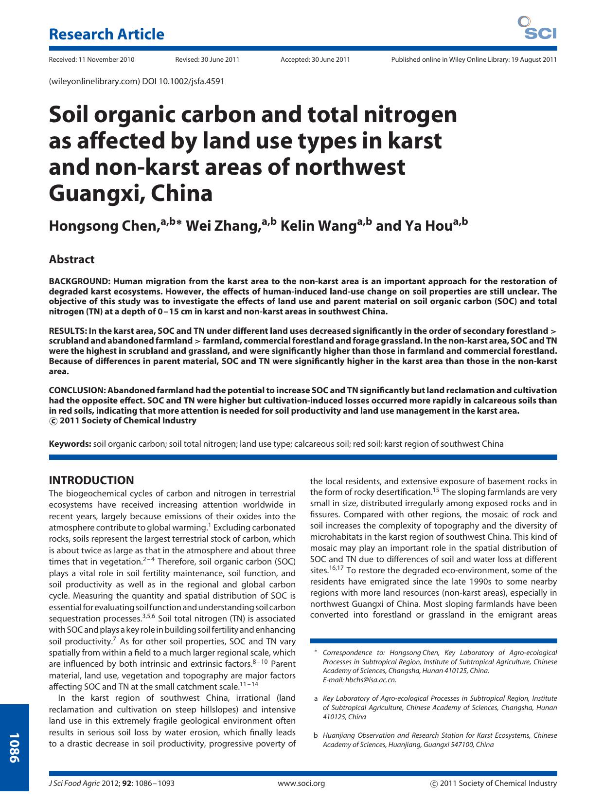 Soil organic carbon and total nitrogen as affected by land use types in karst and nonkarst areas of northwest Guangxi, China by Unknown