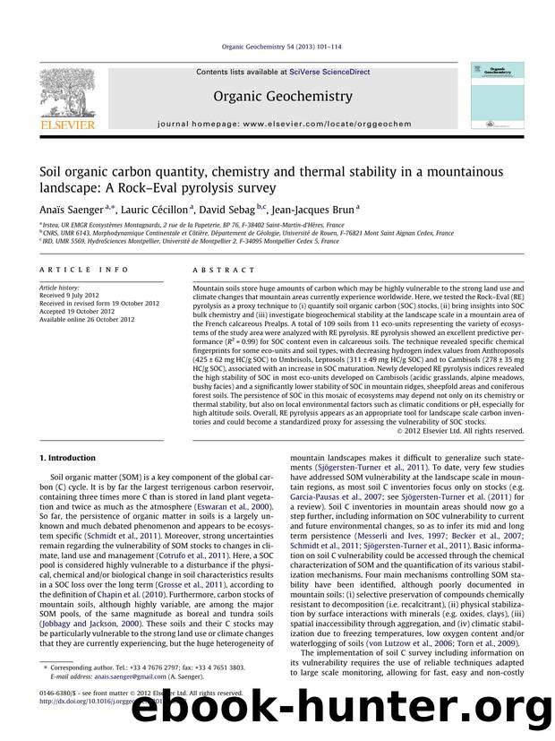 Soil organic carbon quantity, chemistry and thermal stability in a mountainous landscape: A RockÃ¢â¬âEval pyrolysis survey by AnaÃ¯s Saenger & Lauric Cécillon & David Sebag & Jean-Jacques Brun