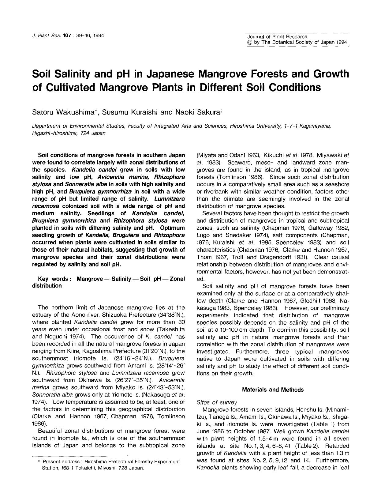 Soil salinity and pH in Japanese mangrove forests and growth of cultivated mangrove plants in different soil conditions by Unknown