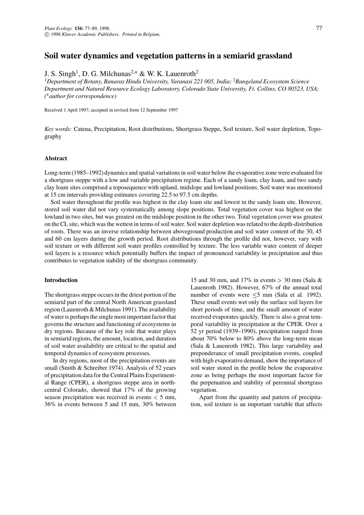 Soil water dynamics and vegetation patterns in a semiarid grassland by Unknown