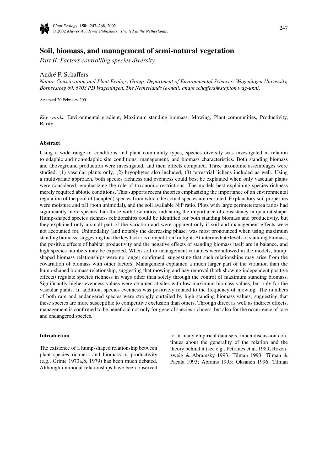 Soil, biomass, and management of semi-natural vegetation – Part II. Factors controlling species diversity by Unknown