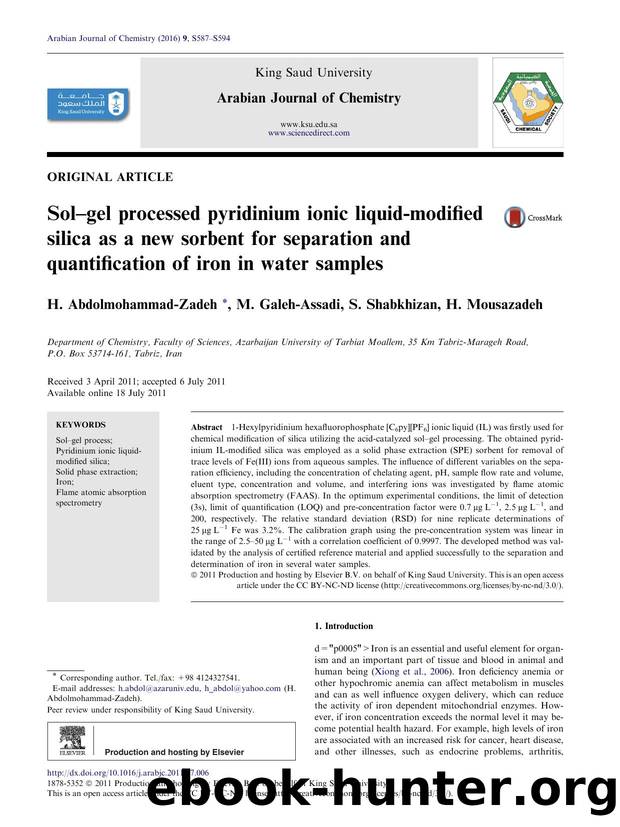 SolÃ¢â¬âgel processed pyridinium ionic liquid-modified silica as a new sorbent for separation and quantification of iron in water samples by H. Abdolmohammad-Zadeh & M. Galeh-Assadi & S. Shabkhizan & H. Mousazadeh