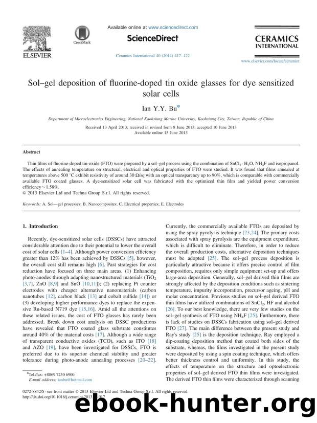 Solâgel deposition of fluorine-doped tin oxide glasses for dye sensitized solar cells by Ian Y.Y. Bu