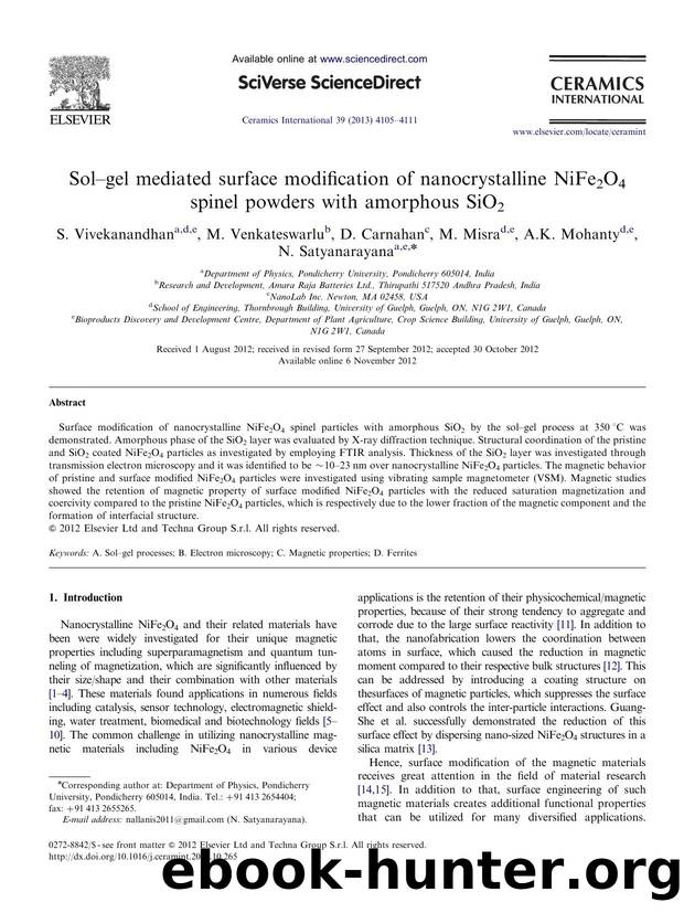 Solâgel mediated surface modification of nanocrystalline NiFe2O4 spinel powders with amorphous SiO2 by S. Vivekanandhan & M. Venkateswarlu & D. Carnahan & M. Misra & A.K. Mohanty & N. Satyanarayana