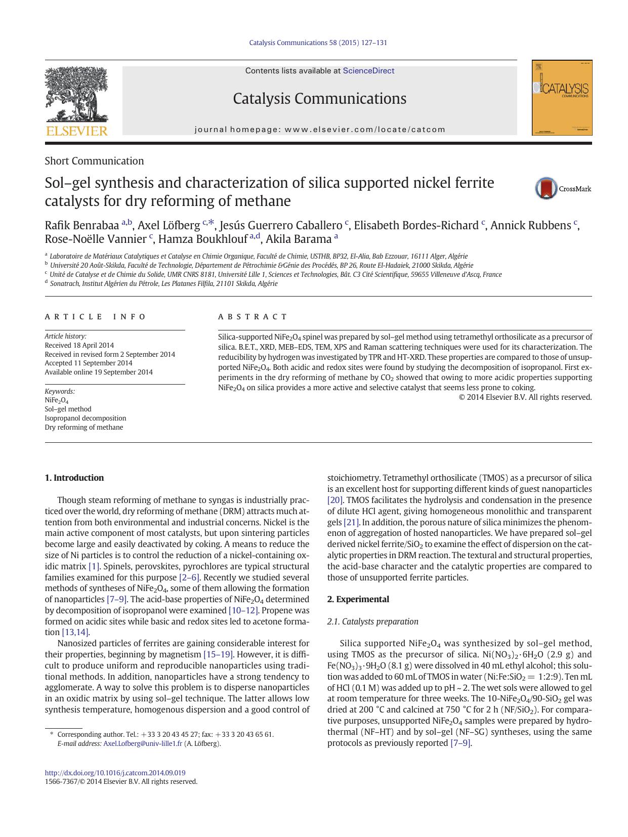 Solâgel synthesis and characterization of silica supported nickel ferrite catalysts for dry reforming of methane by unknow