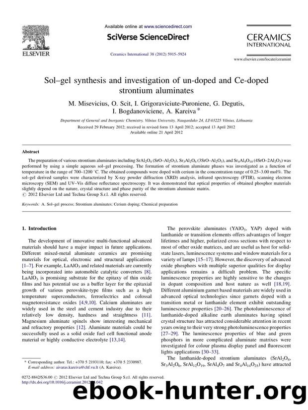 Solâgel synthesis and investigation of un-doped and Ce-doped strontium aluminates by M. Misevicius