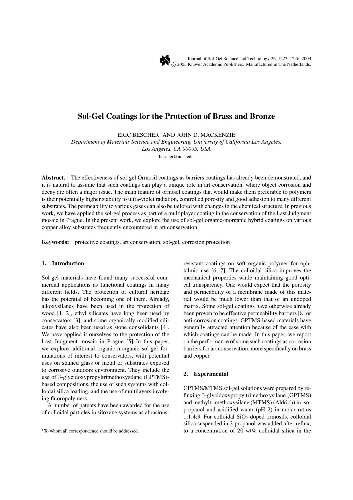 Sol-Gel Coatings for the Protection of Brass and Bronze by Unknown