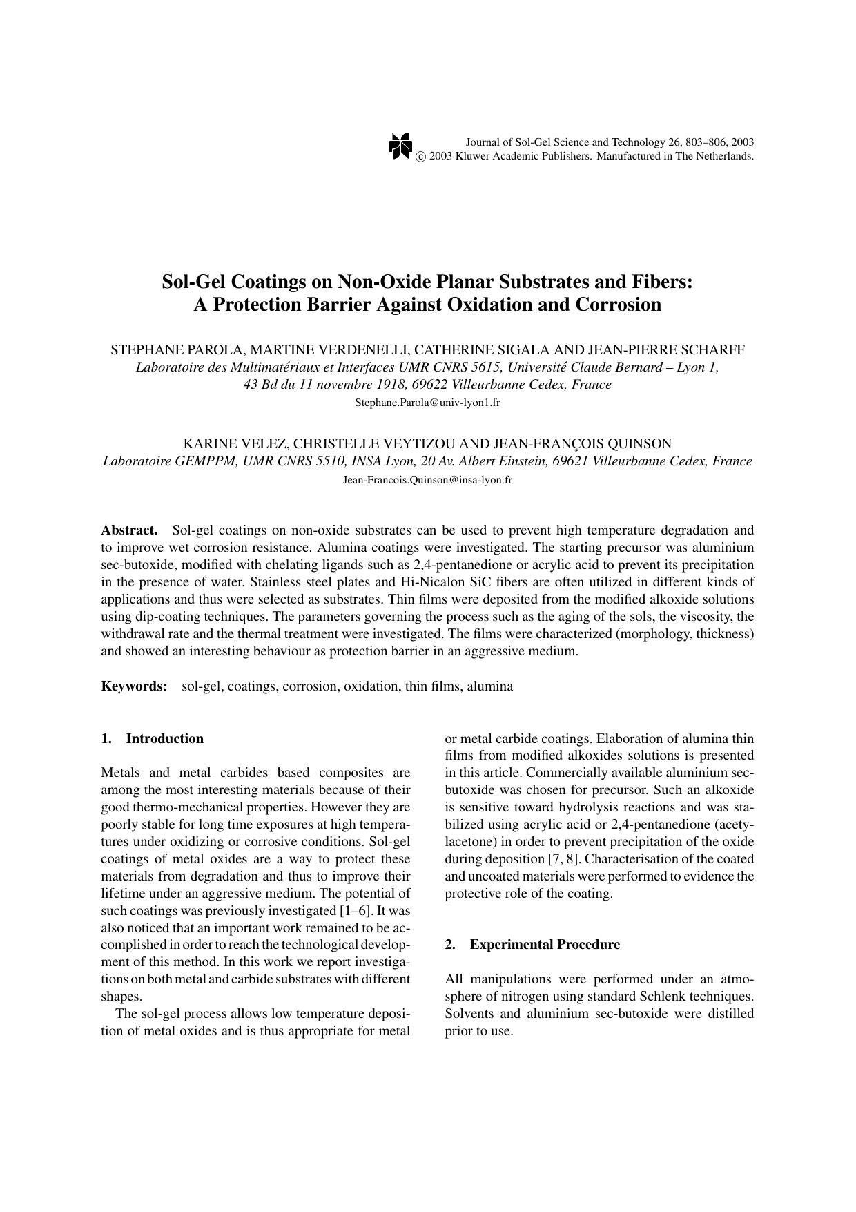 Sol-Gel Coatings on Non-Oxide Planar Substrates and Fibers: A Protection Barrier Against Oxidation and Corrosion by Unknown