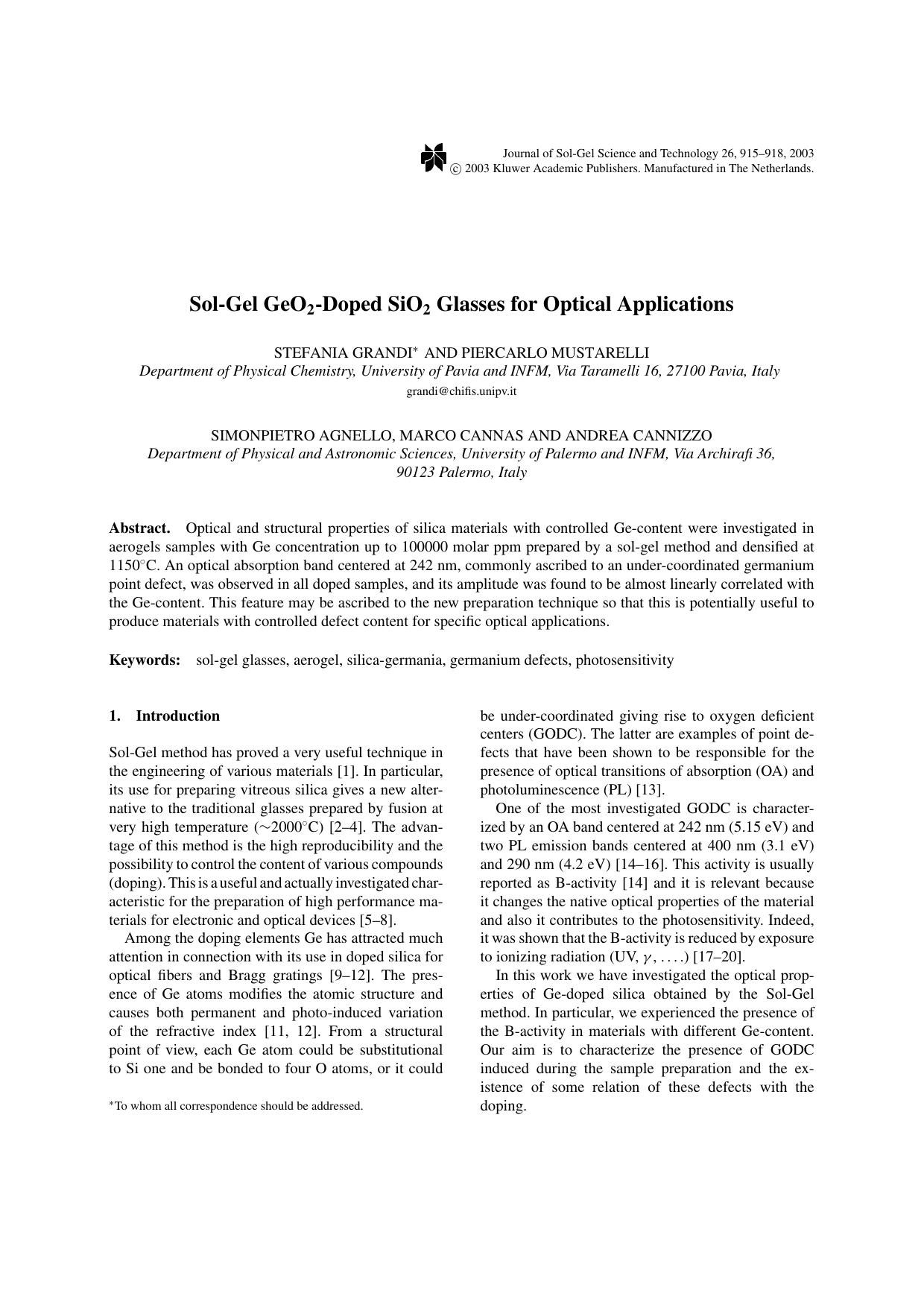 Sol-Gel GeO<Subscript>2<Subscript>-Doped SiO<Subscript>2<Subscript> Glasses for Optical Applications by Unknown