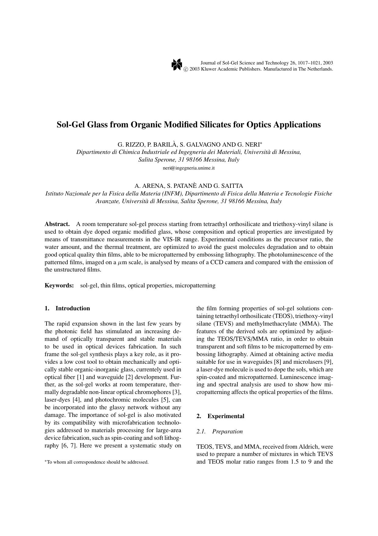 Sol-Gel Glass from Organic Modified Silicates for Optics Applications by Unknown