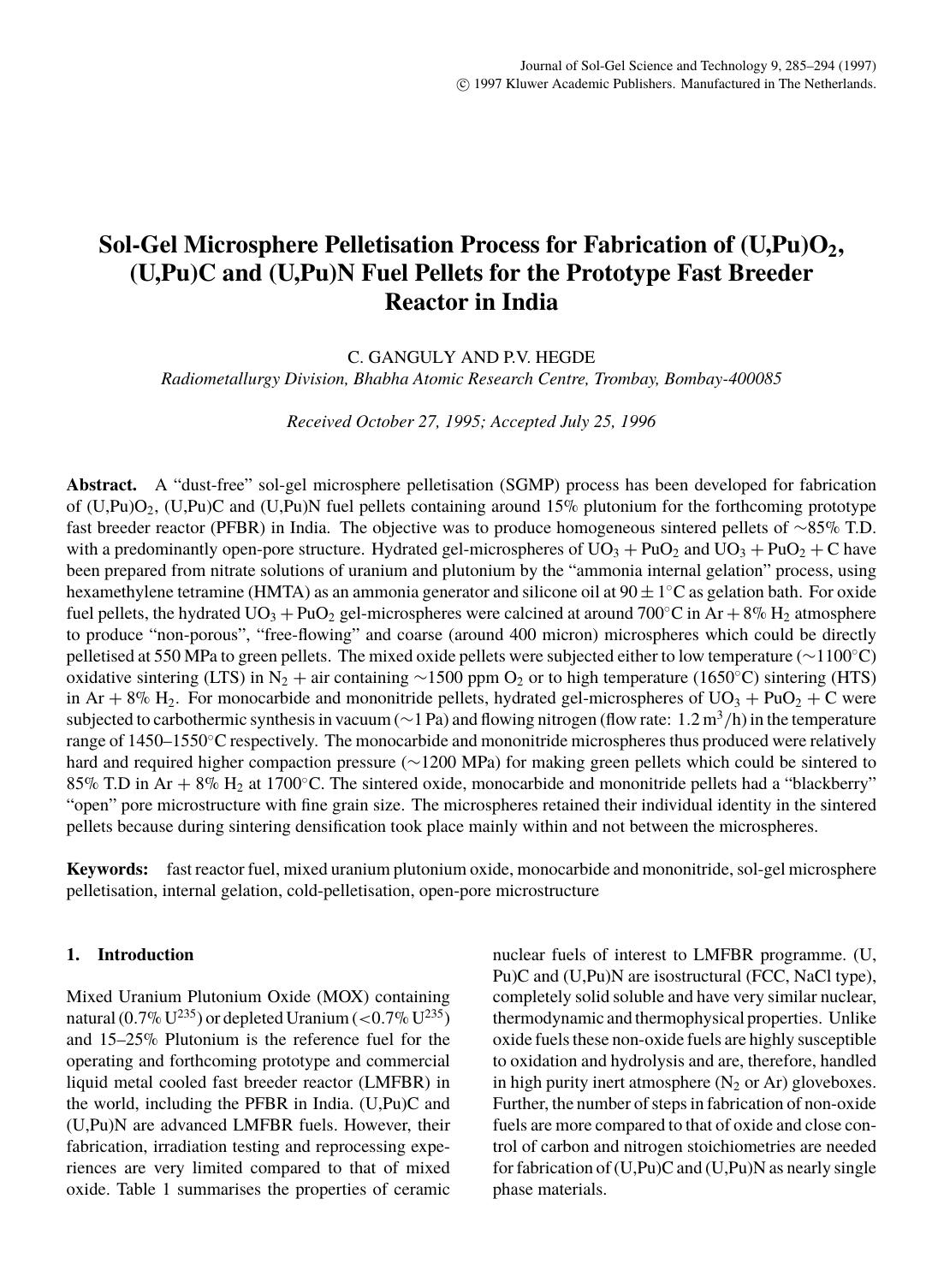 Sol-Gel Microsphere Pelletisation Process for Fabrication of (U,Pu)O2, (U,Pu)C and (U,Pu)N Fuel Pellets for the Prototype Fast Breeder Reactor in India by Unknown
