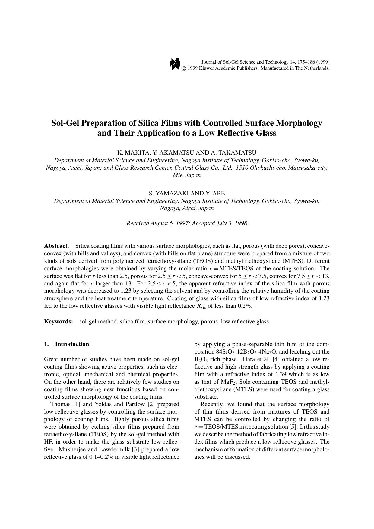 Sol-Gel Preparation of Silica Films with Controlled Surface Morphology and Their Application to a Low Reflective Glass by Unknown
