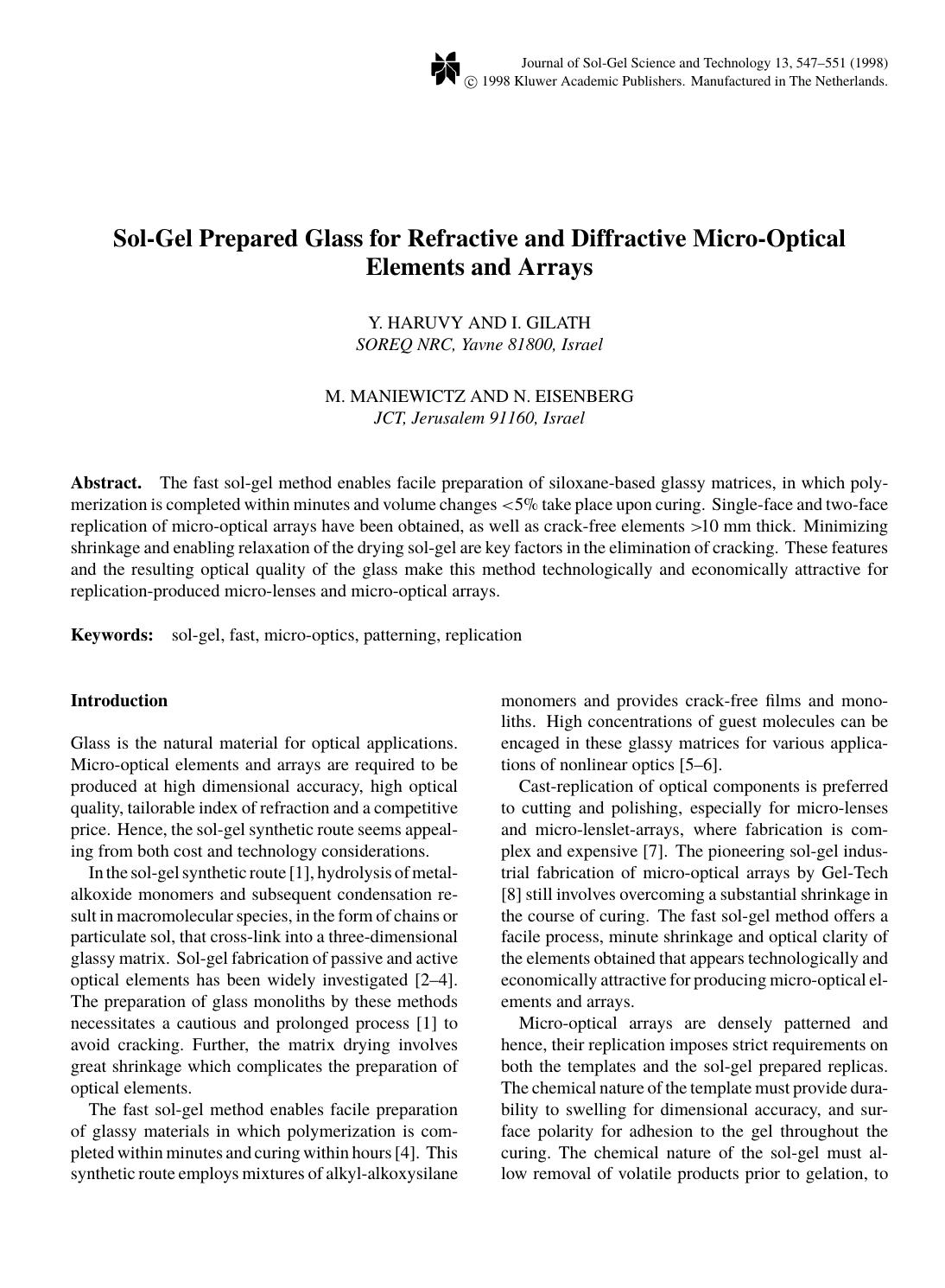 Sol-Gel Prepared Glass for Refractive and Diffractive Micro-Optical Elements and Arrays by Unknown