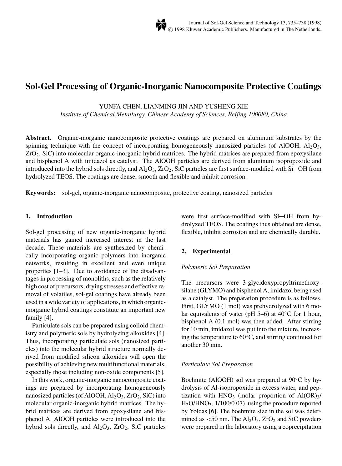 Sol-Gel Processing of Organic-Inorganic Nanocomposite Protective Coatings by Unknown
