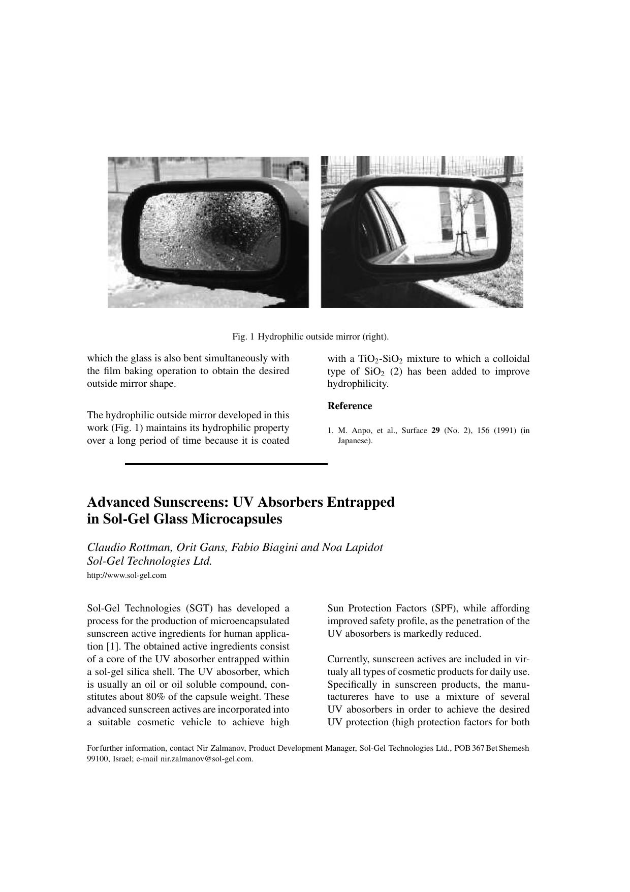 Sol-Gel Products News: Advanced Sunscreens: UV Absorbers Entrapped in Sol-Gel Glass Microcapsules. by Unknown