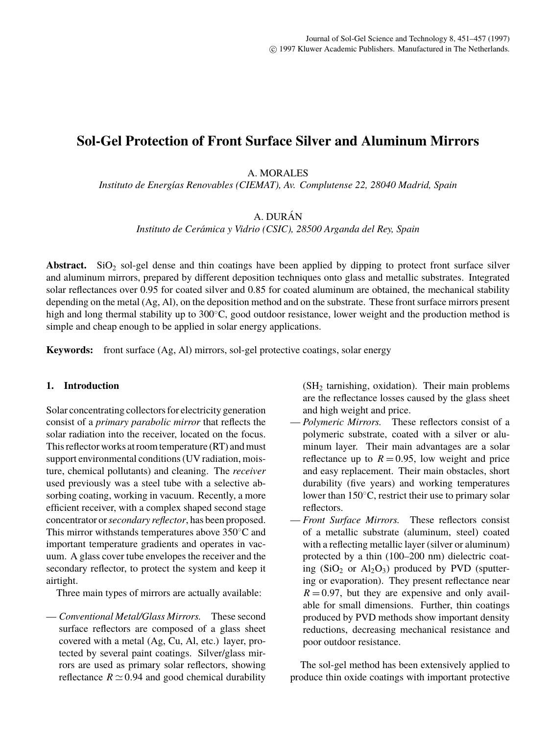 Sol-Gel Protection of Front Surface Silver and Aluminum Mirrors by Unknown