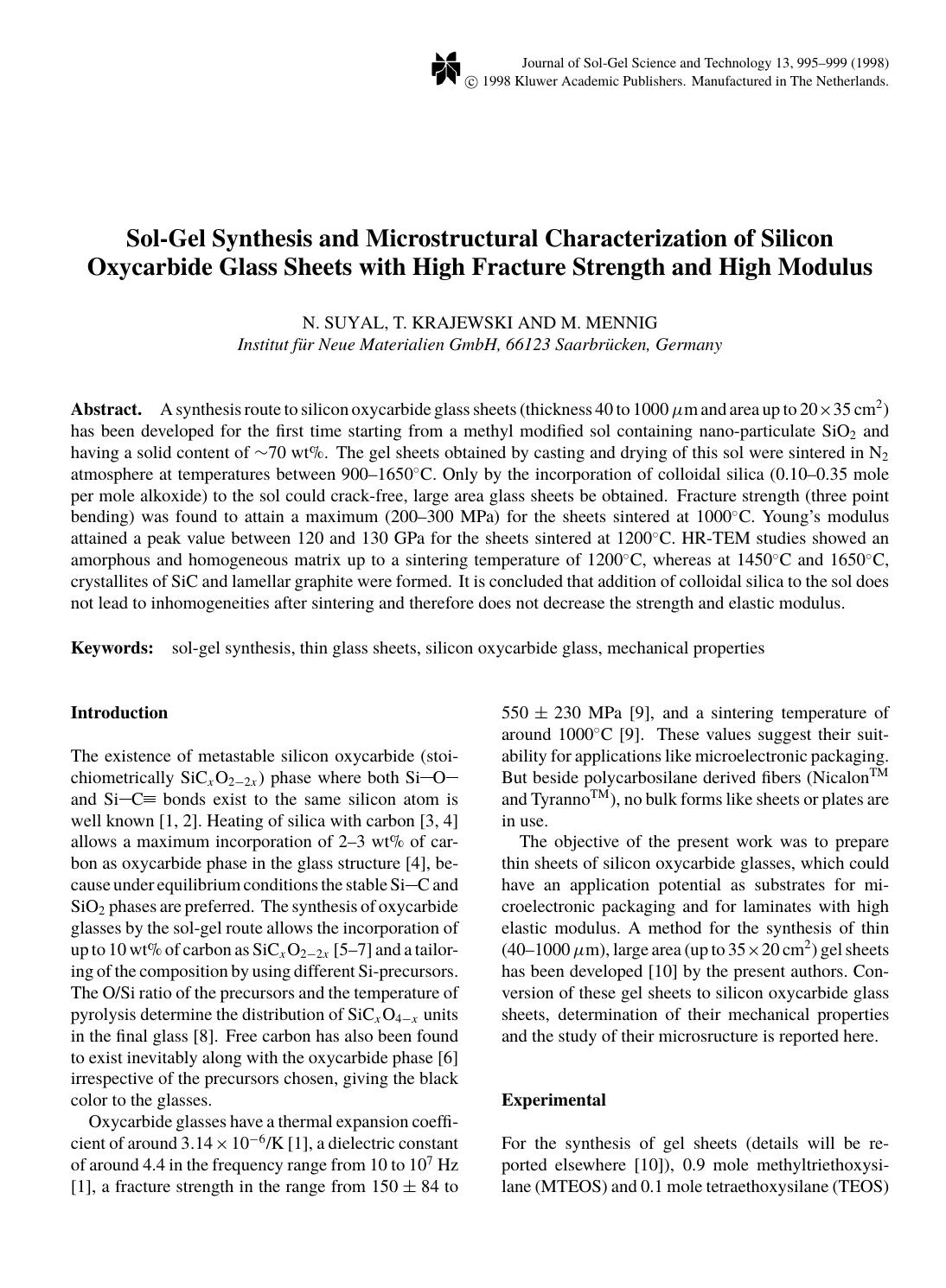 Sol-Gel Synthesis and Microstructural Characterization of Silicon Oxycarbide Glass Sheets with High Fracture Strength and High Modulus by Unknown
