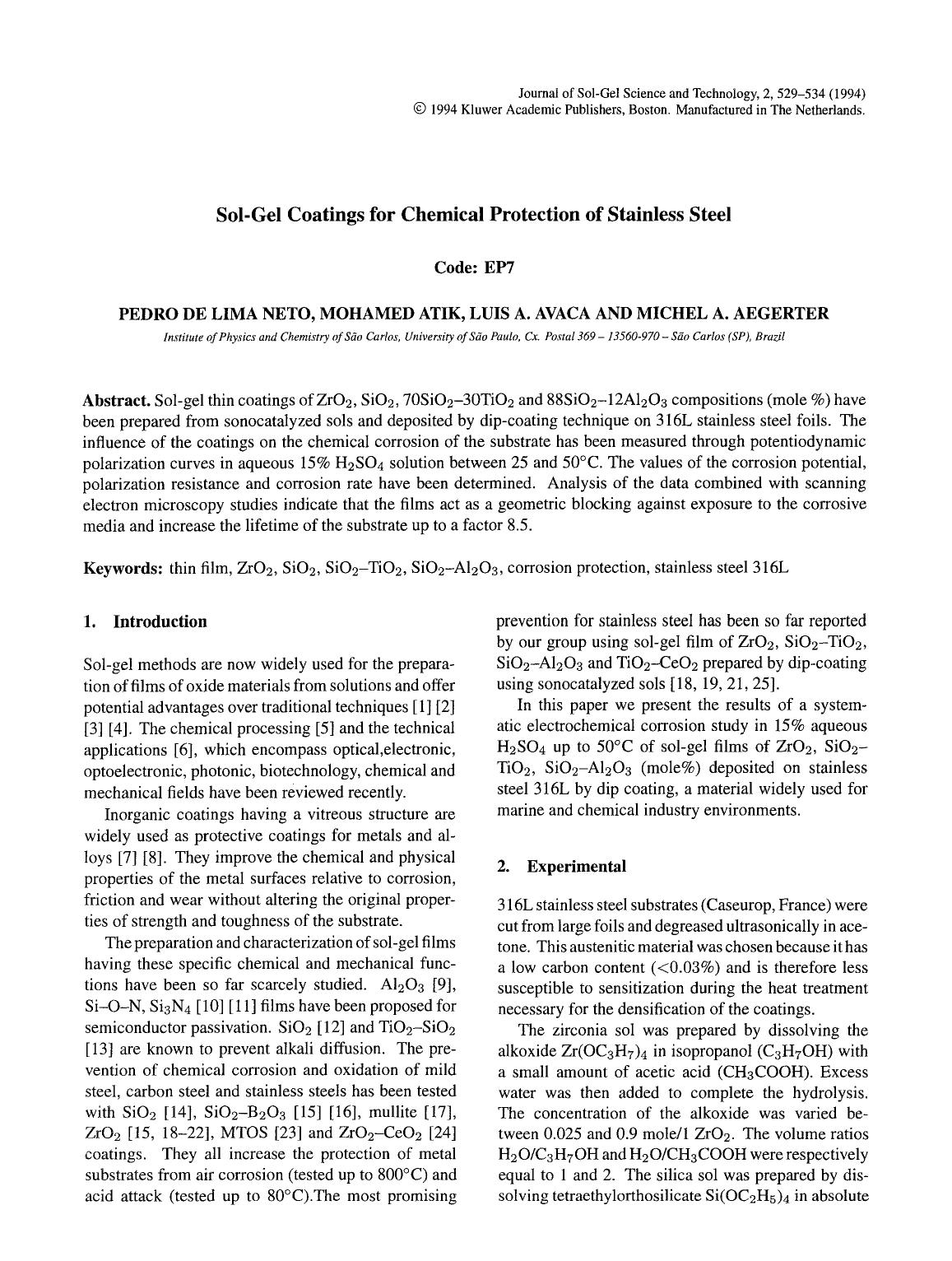 Sol-gel coatings for chemical protection of stainless steel by Unknown