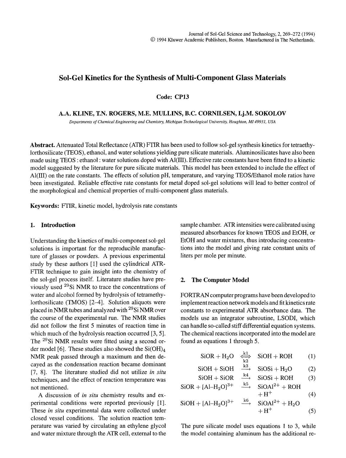 Sol-gel kinetics for the synthesis of multi-component glass materials by Unknown
