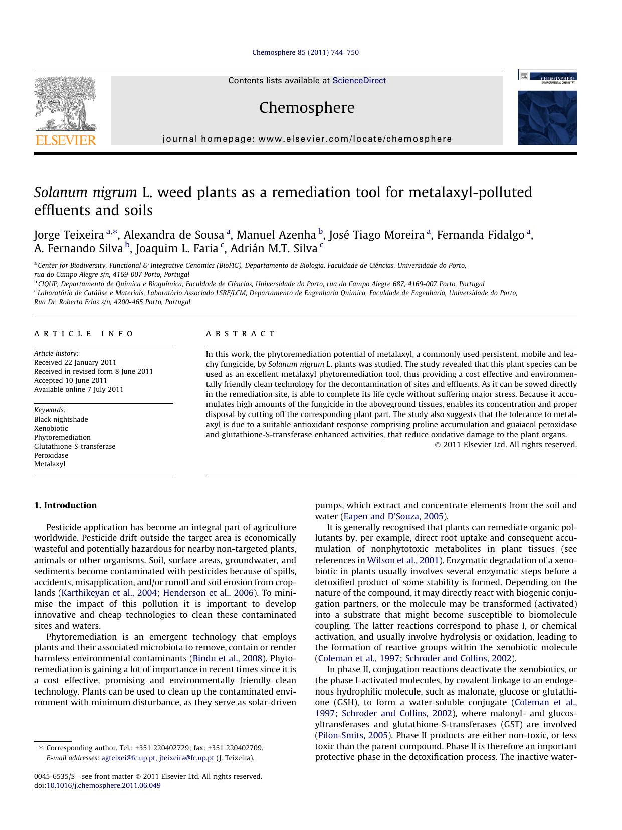 Solanum nigrum L. weed plants as a remediation tool for metalaxyl-polluted effluents and soils by unknow
