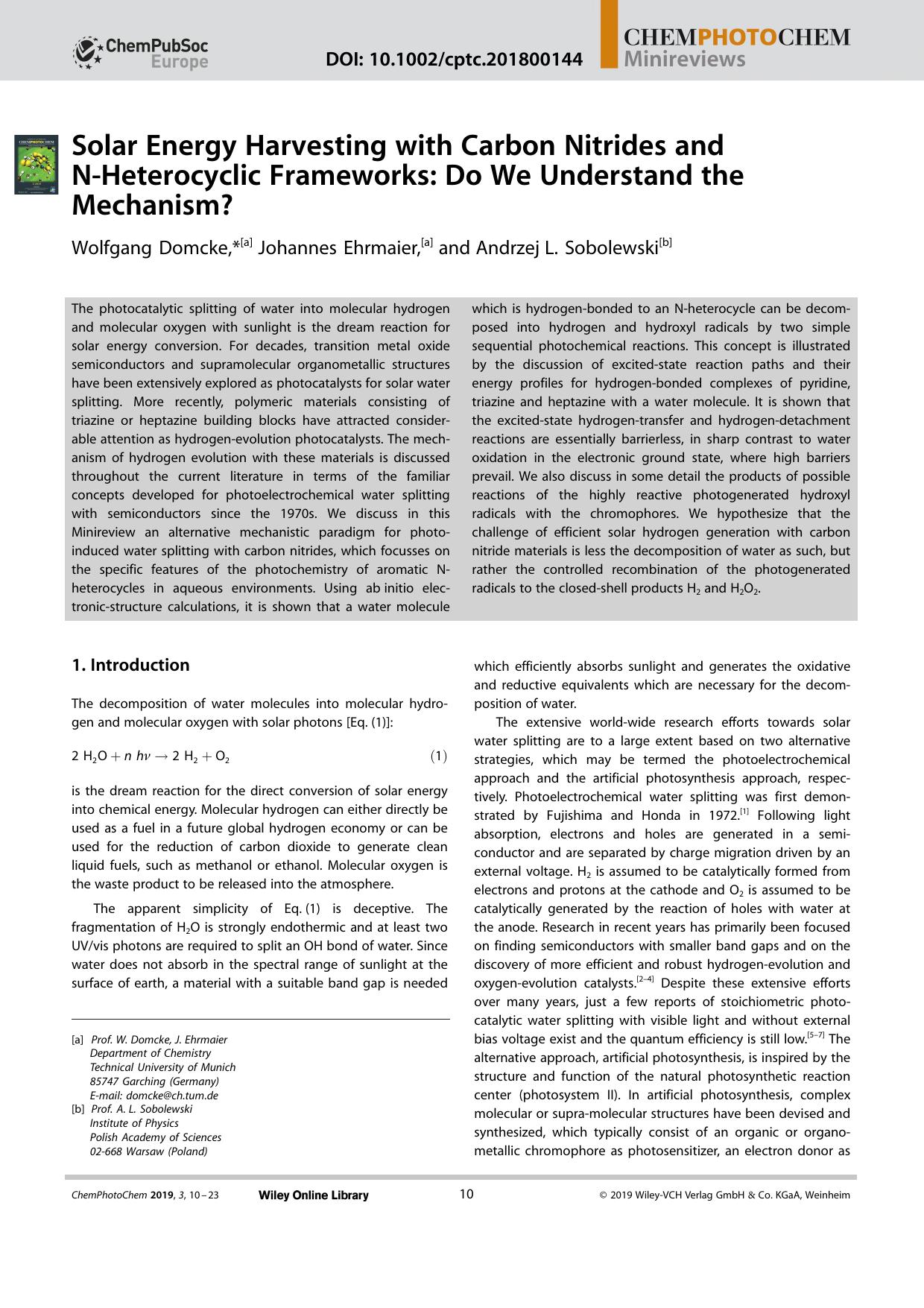 Solar Energy Harvesting with Carbon Nitrides and NâHeterocyclic Frameworks: Do We Understand the Mechanism? by Unknown