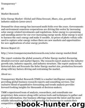 Solar Energy Market Global And China Forecast, Share, Size, Growth And Industry Analysis ( 2010 2017) by Ketan