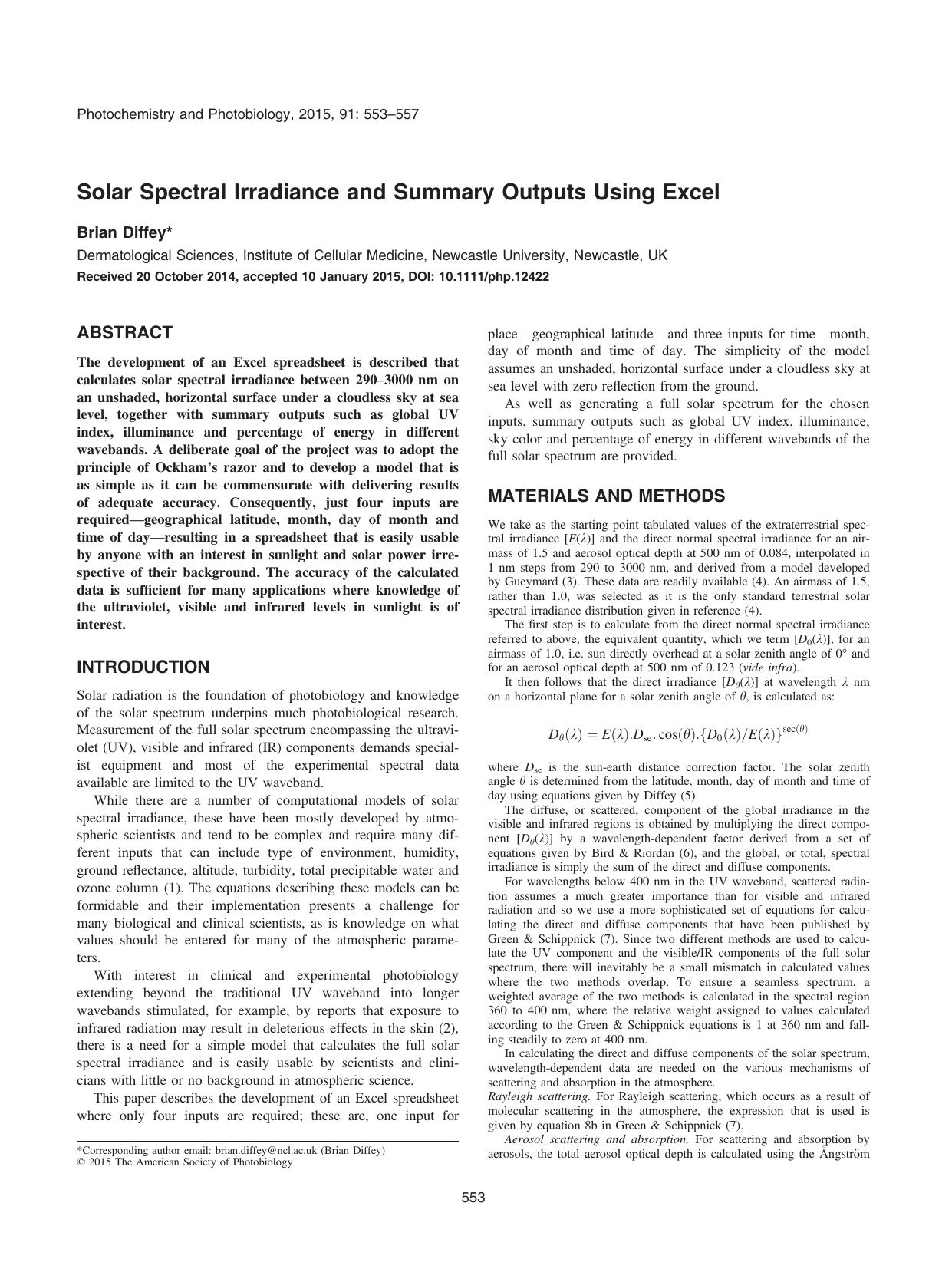 Solar Spectral Irradiance and Summary Outputs Using Excel by Unknown