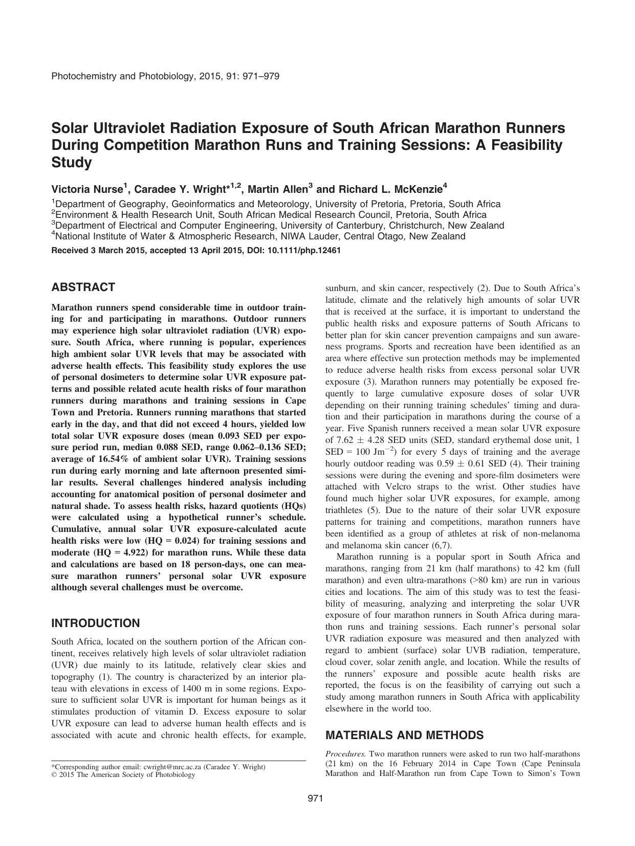 Solar Ultraviolet Radiation Exposure of South African Marathon Runners During Competition Marathon Runs and Training Sessions: A Feasibility Study by Unknown