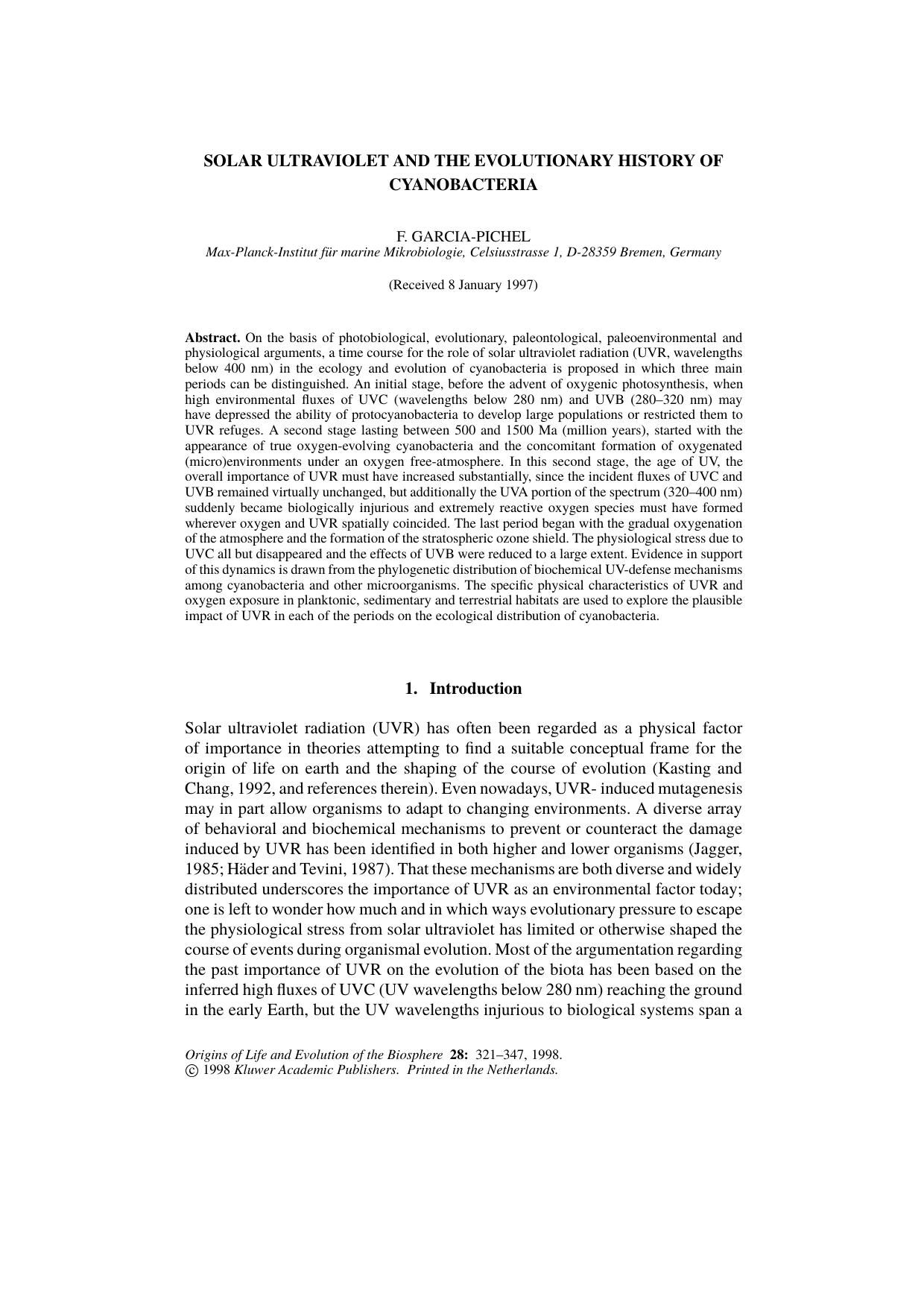 Solar Ultraviolet and the Evolutionary History of Cyanobacteria by Unknown