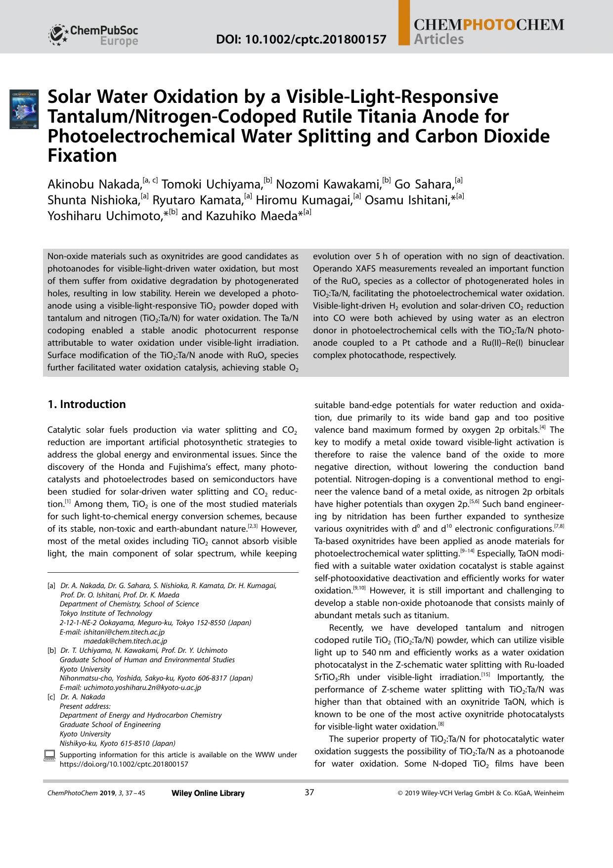 Solar Water Oxidation by a VisibleâLightâResponsive TantalumNitrogenâCodoped Rutile Titania Anode for Photoelectrochemical Water Splitting and Carbon Dioxide Fixation by Unknown