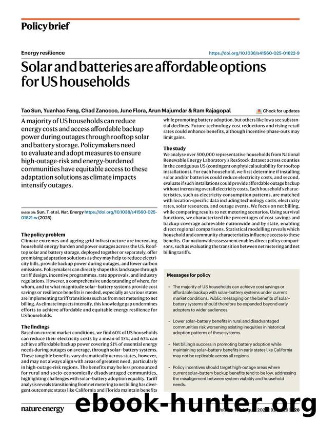 Solar and batteries are affordable options for US households by Tao Sun & Yuanhao Feng & Chad Zanocco & June Flora & Arun Majumdar & Ram Rajagopal