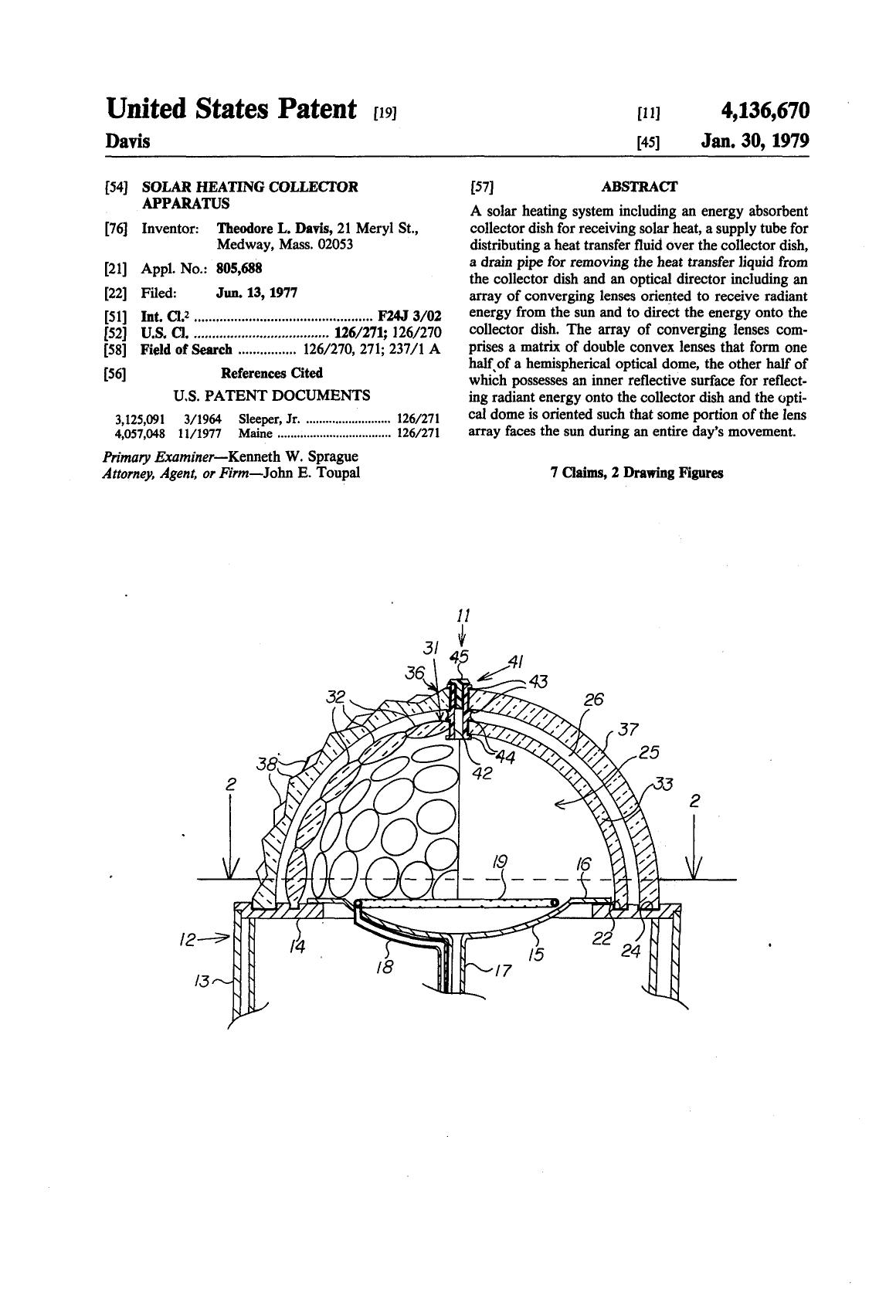 Solar heating collector apparatus by Theodore L. Davis