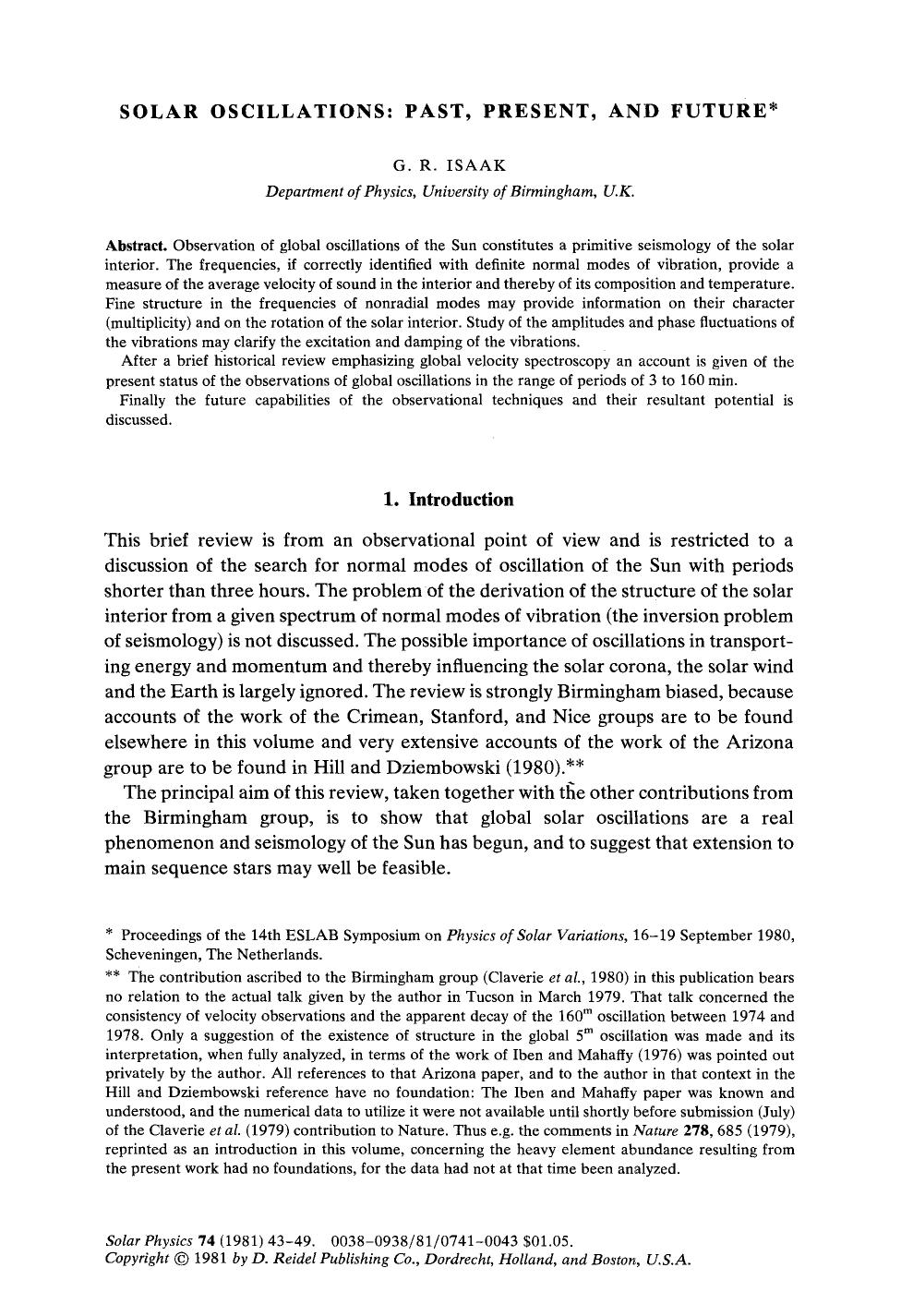 Solar oscillations: Past, present, and future by Unknown