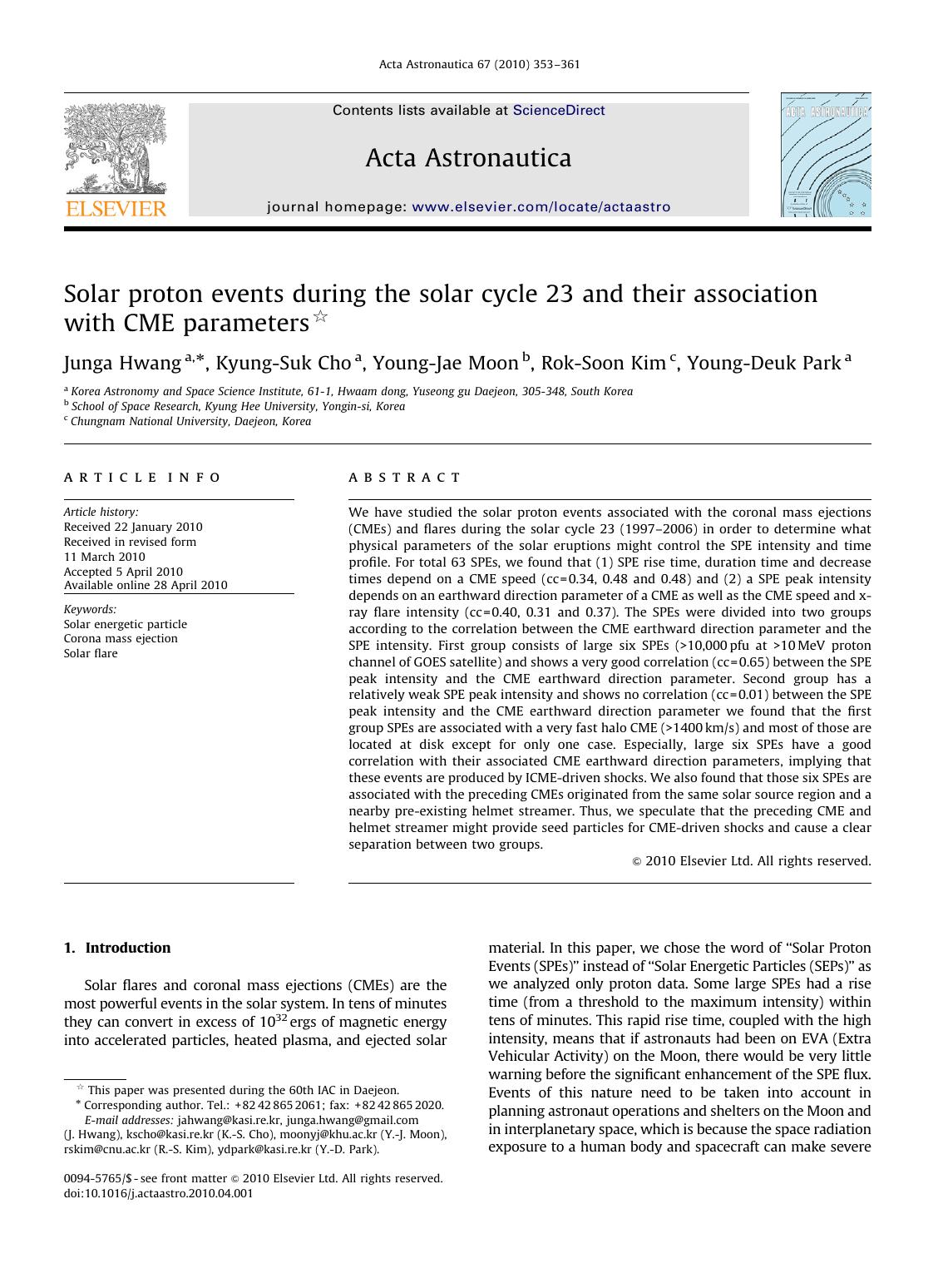 Solar proton events during the solar cycle 23 and their association with CME parameters by Junga Hwang; Kyung-Suk Cho; Young-Jae Moon; Rok-Soon Kim; Young-Deuk Park