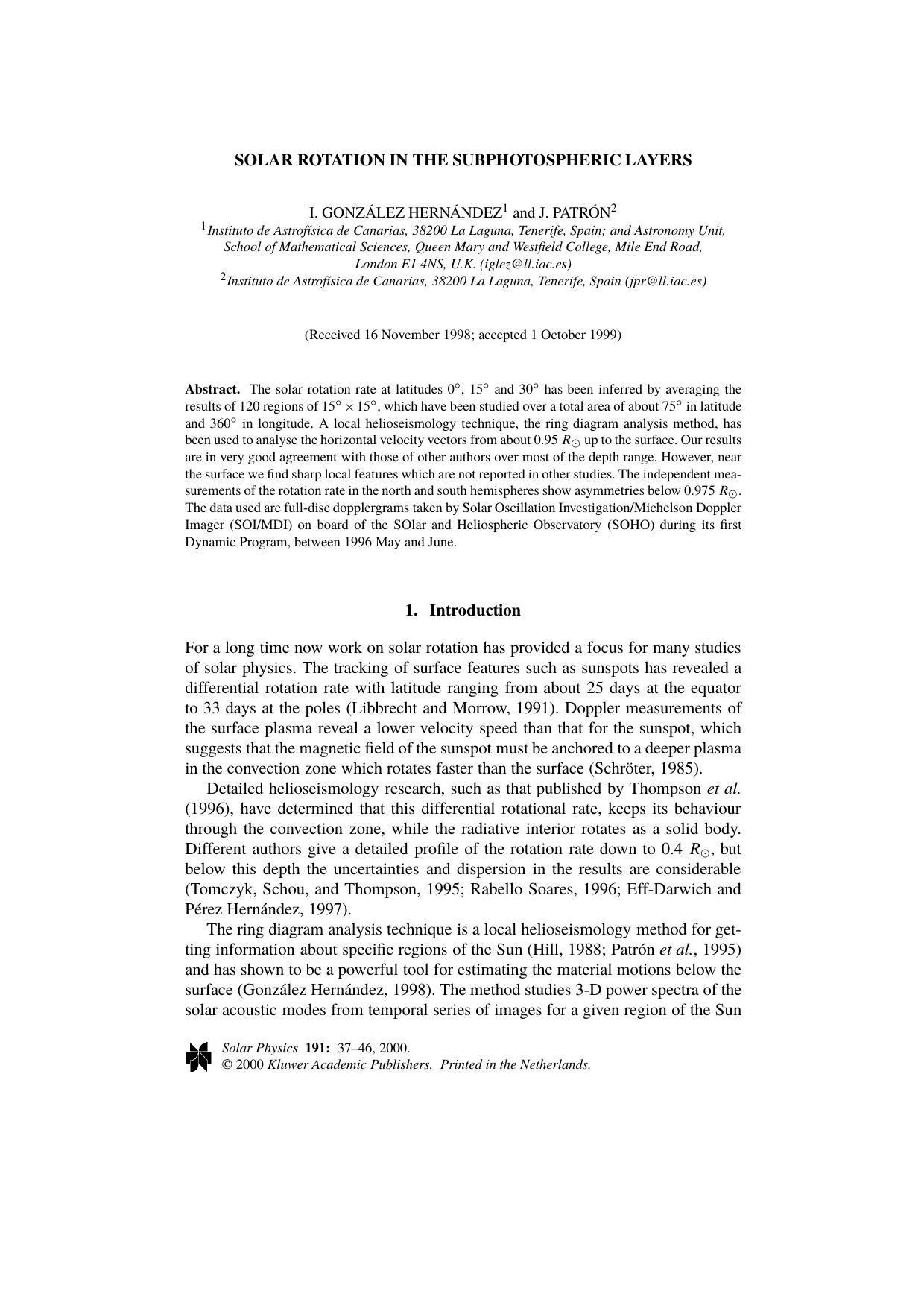 Solar rotation in the subphotospheric layers by Unknown