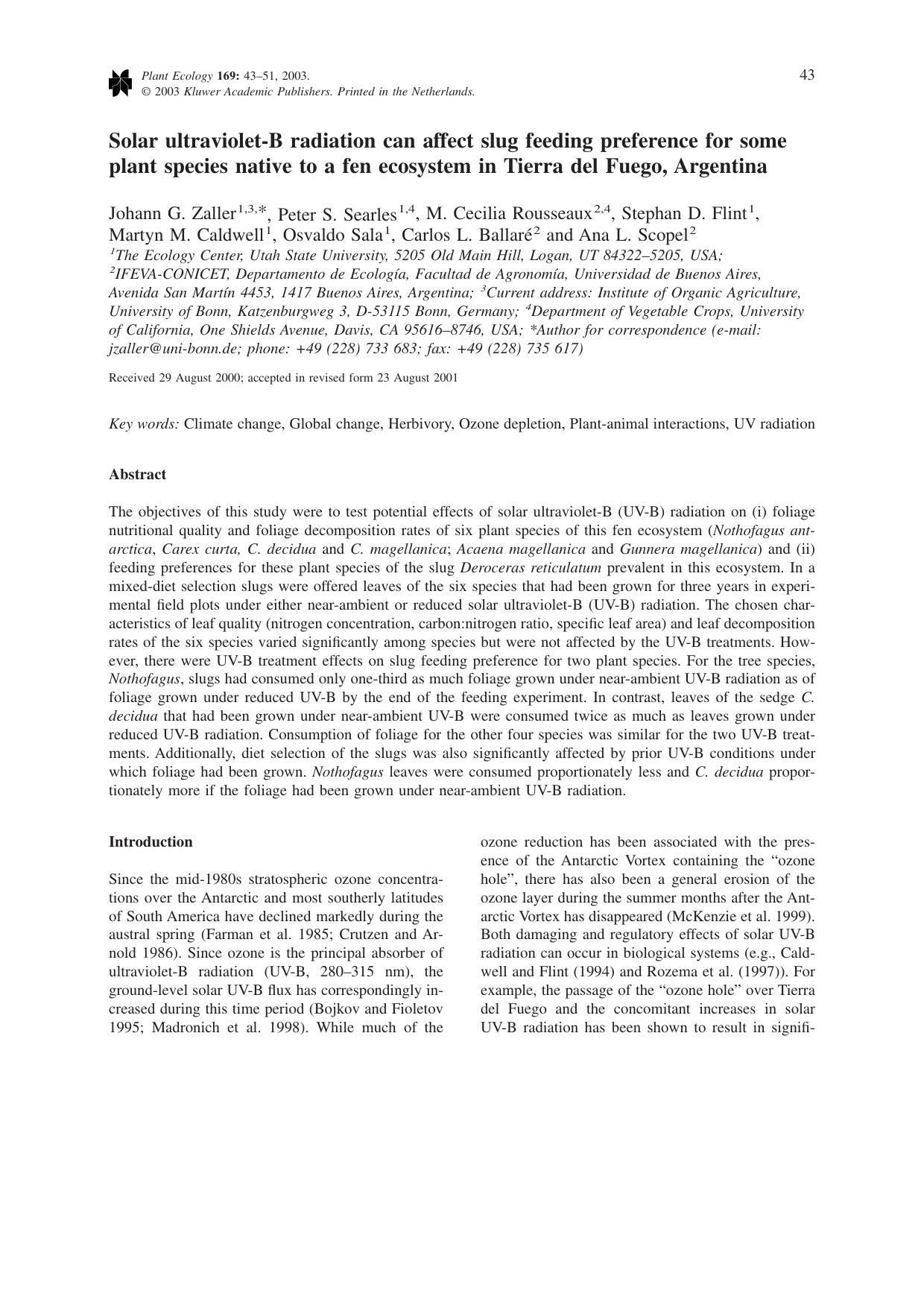 Solar ultraviolet-B radiation can affect slug feeding preference for some plant species native to a fen ecosystem in Tierra del Fuego, Argentina by Unknown