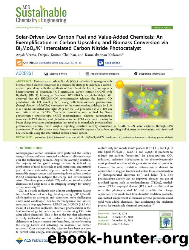 Solar-Driven Low Carbon Fuel and Value-Added Chemicals: An Exemplification in Carbon Upscaling and Biomass Conversion via Bi2MoO6K+ Intercalated Carbon Nitride Photocatalyst by Anjali Verma Deepak Kumar Chauhan and Kamalakannan Kailasam