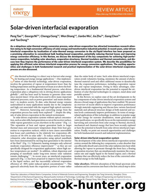 Solar-driven interfacial evaporation by Peng Tao & George Ni & Chengyi Song & Wen Shang & Jianbo Wu & Jia Zhu & Gang Chen & Tao Deng