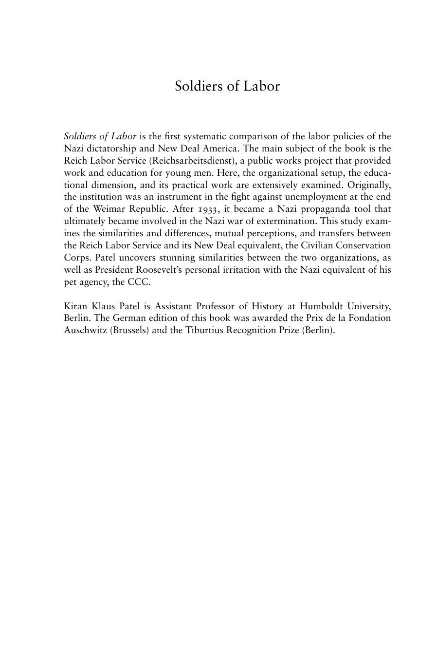 Soldiers of Labor: Labor Service in Nazi Germany and New Deal America, 1933-1945 by Kiran Klaus Patel; Klaus Patel; Thomas Dunlap
