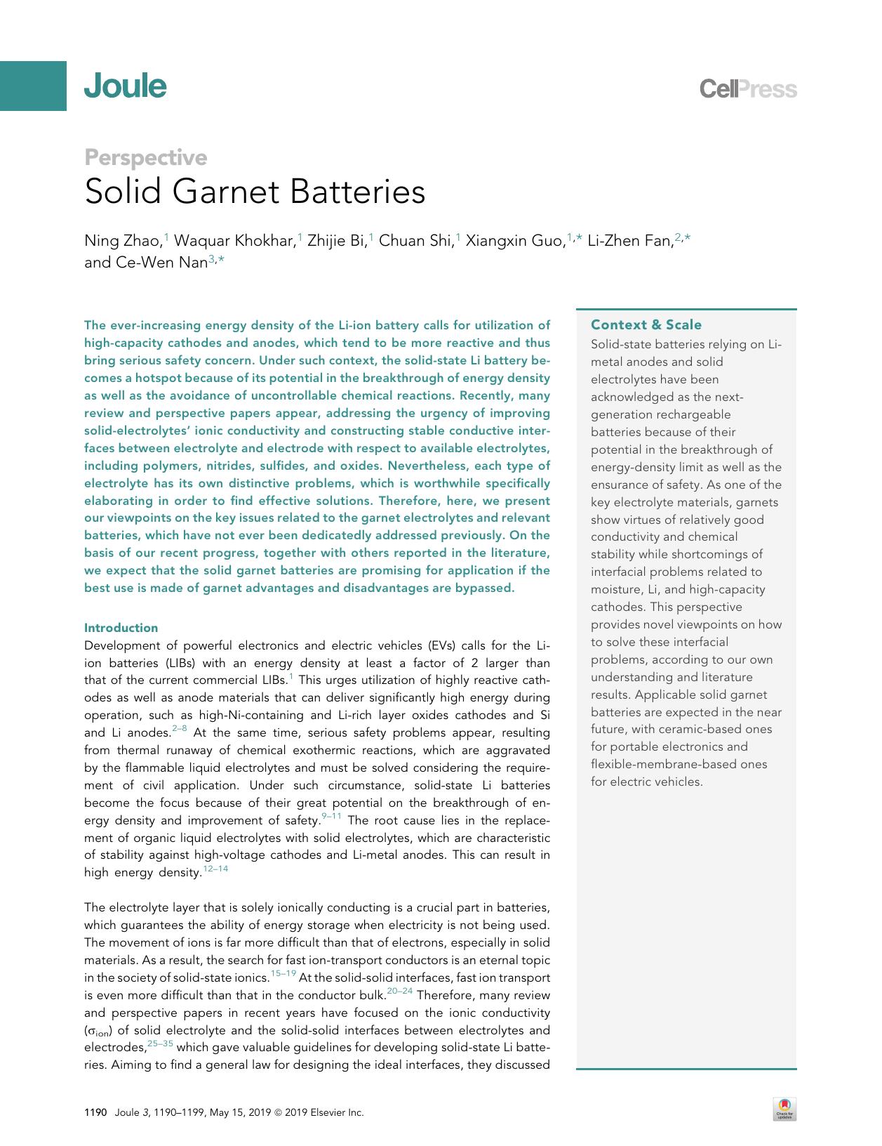 Solid Garnet Batteries by Ning Zhao