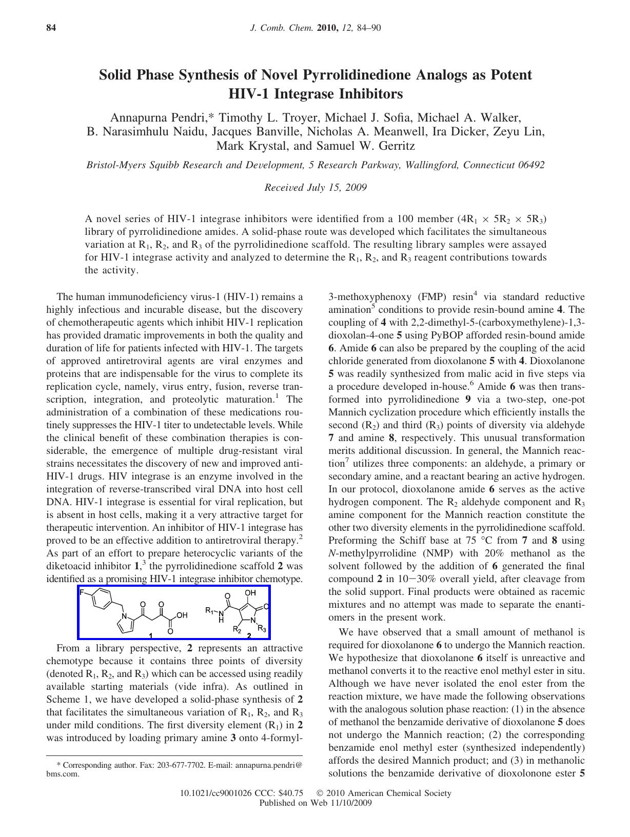 Solid Phase Synthesis of Novel Pyrrolidinedione Analogs as Potent HIV-1 Integrase Inhibitors by Unknown