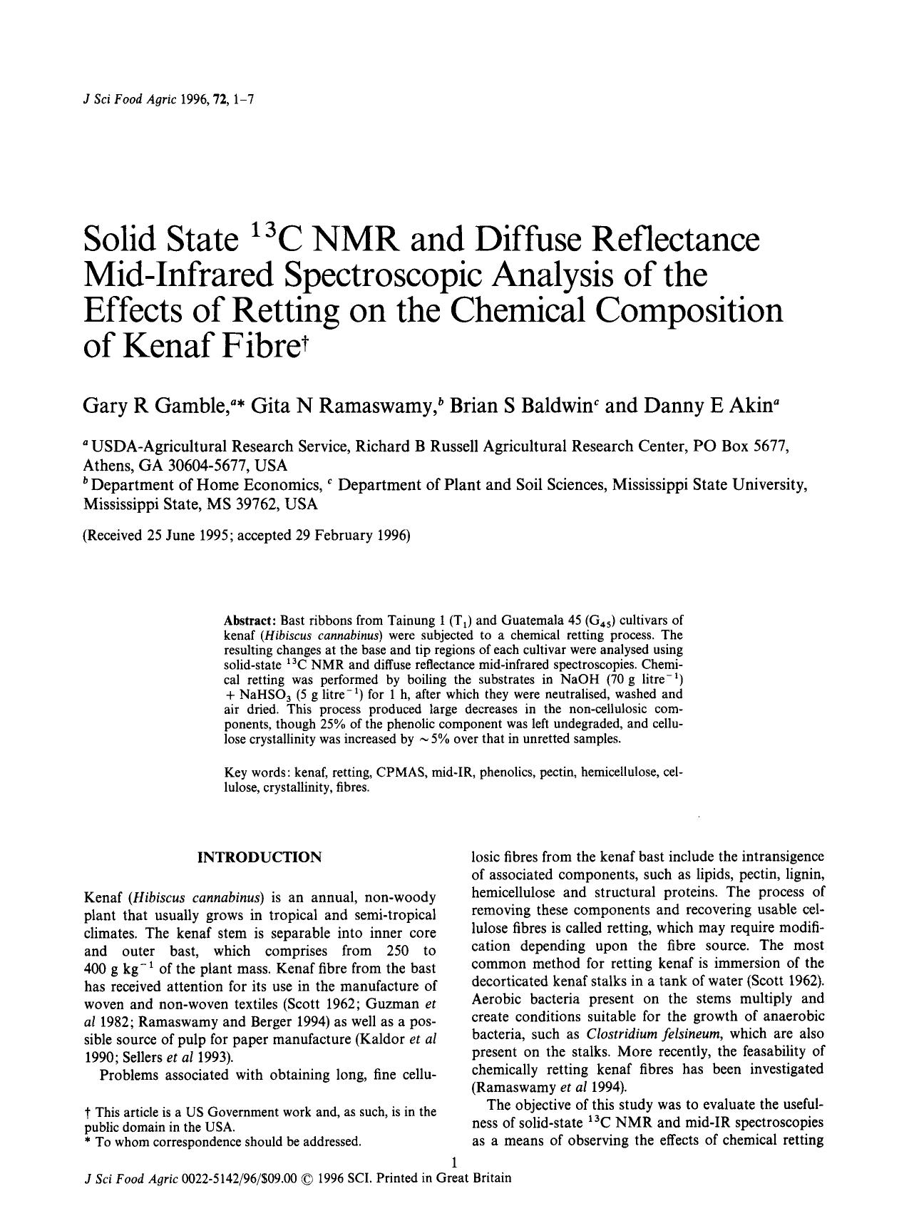 Solid State 13C NMR and Diffuse Reflectance Mid-Infrared Spectroscopic Analysis of the Effects of Retting on the Chemical Composition of KenafFibre by Unknown