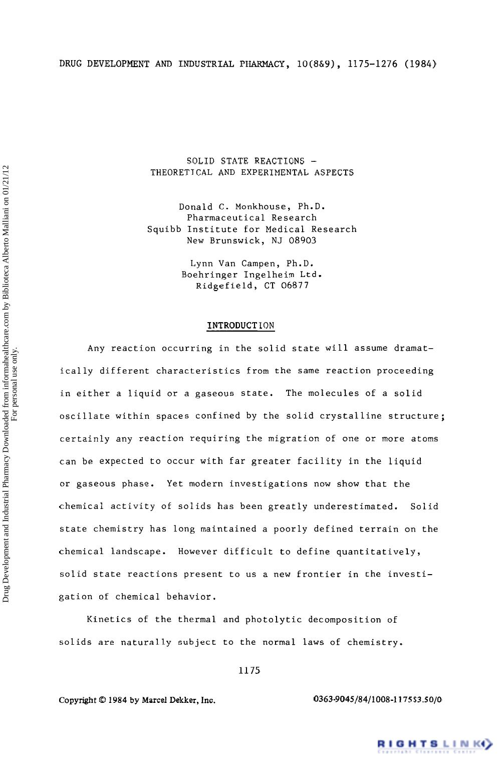 Solid State Reactions - Theoretical and Experimental Aspects by Donald C. Monkhouse & Lynn Van Campen