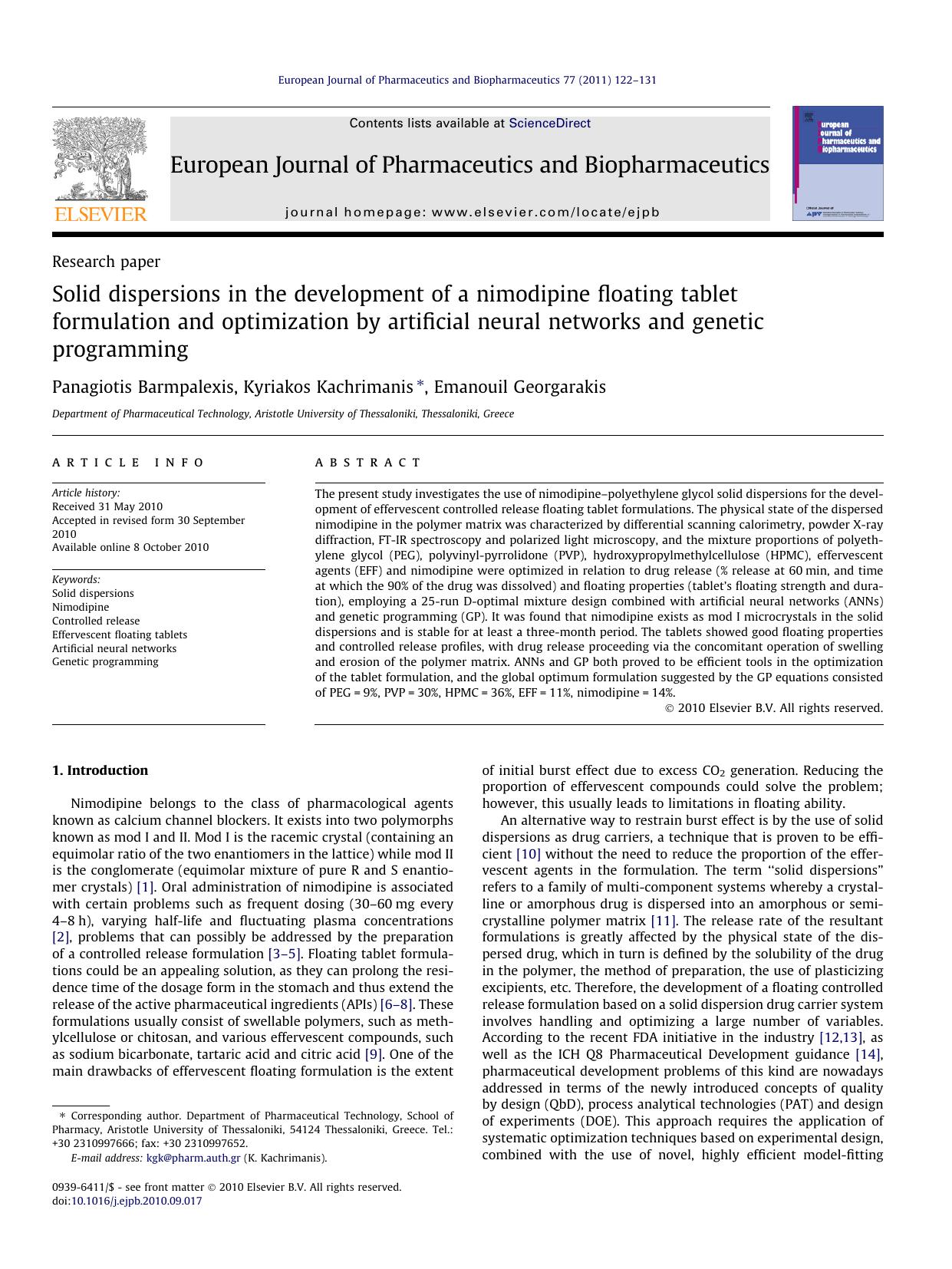 Solid dispersions in the development of a nimodipine floating tablet formulation and optimization by artificial neural networks and genetic programming by Panagiotis Barmpalexis & Kyriakos Kachrimanis & Emanouil Georgarakis