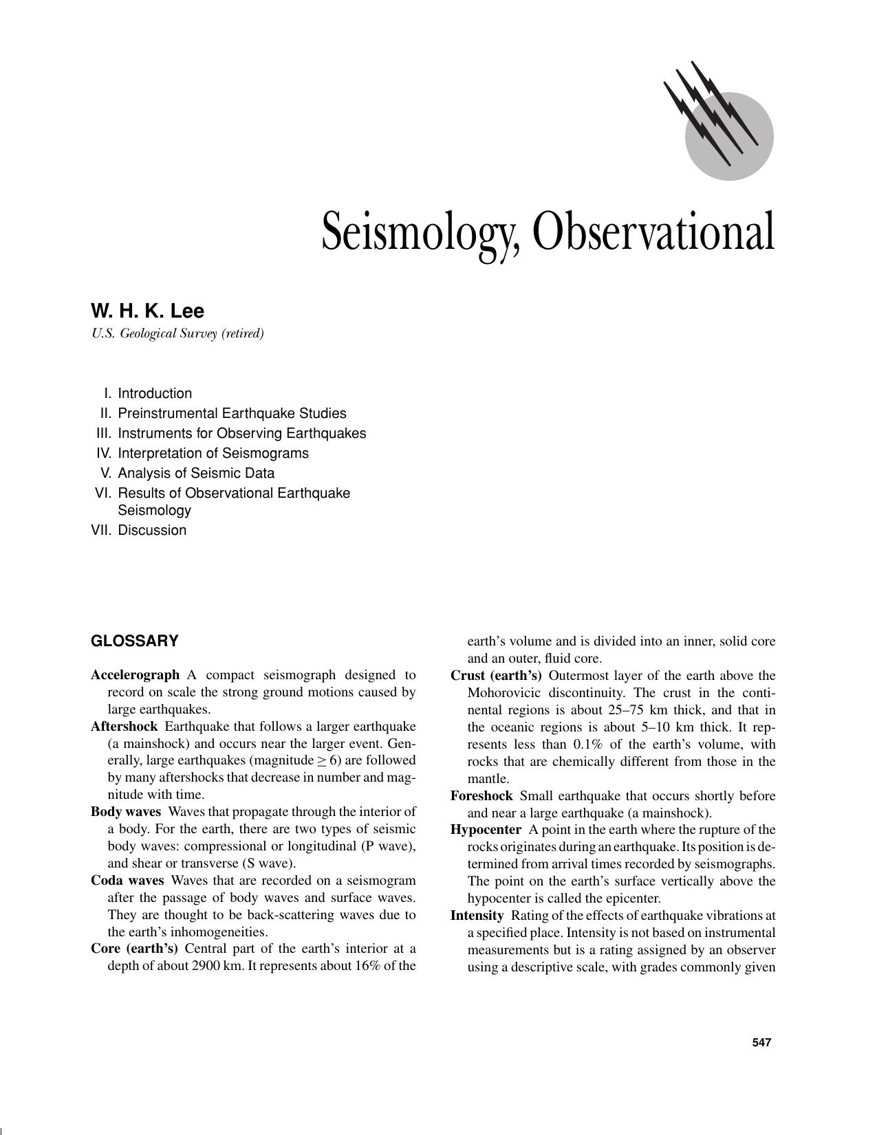Solid earth geophysics 547-573 Seismology, Observational by Lee W.H.K