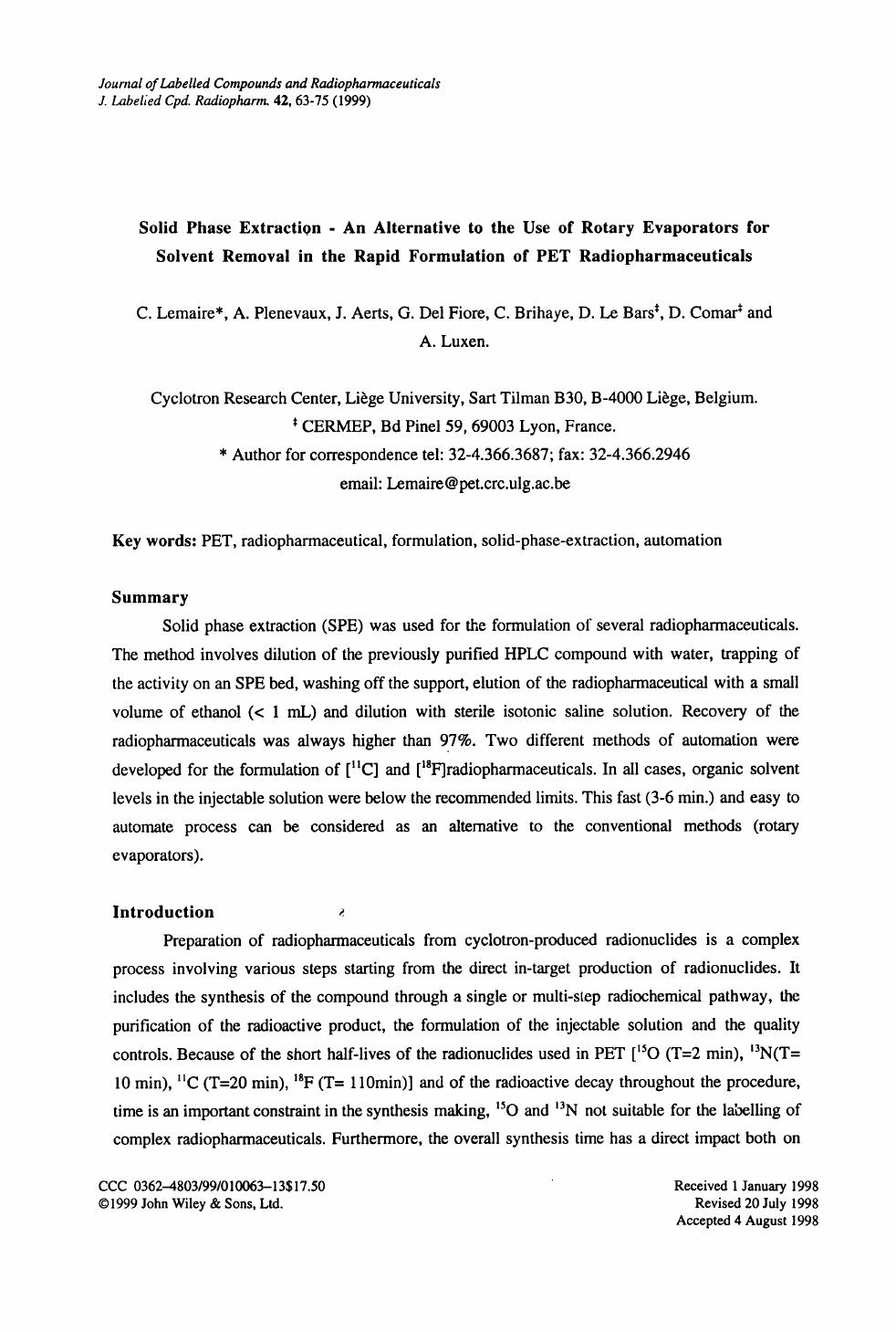 Solid phase extraction - an alternative to the use of rotary evaporators for solvent removal in the rapid formulation of PET radiopharmaceuticals by Unknown