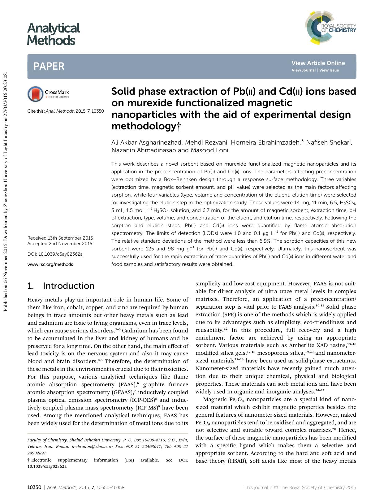 Solid phase extraction of Pb(ii) and Cd(ii) ions based on murexide functionalized magnetic nanoparticles with the aid of experimental design methodology by unknow
