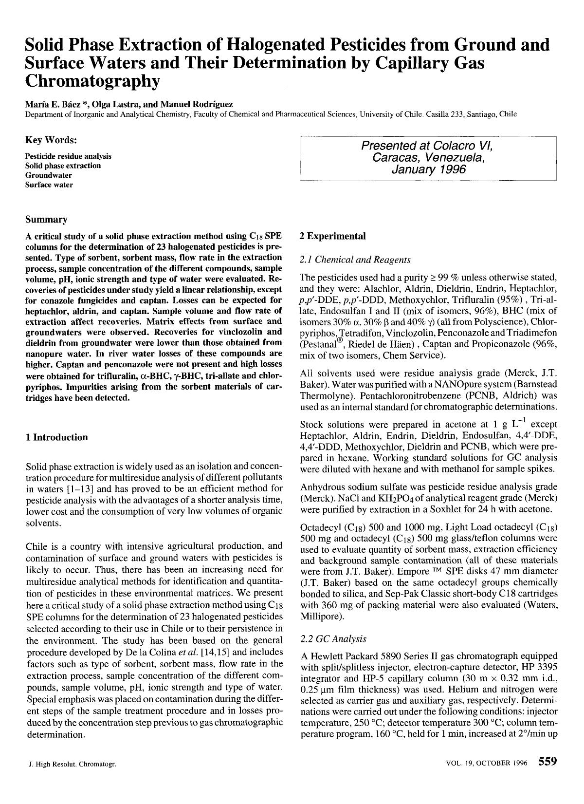 Solid phase extraction of halogenated pesticides from ground and surface waters and their determination by capillary gas chromatography by Unknown