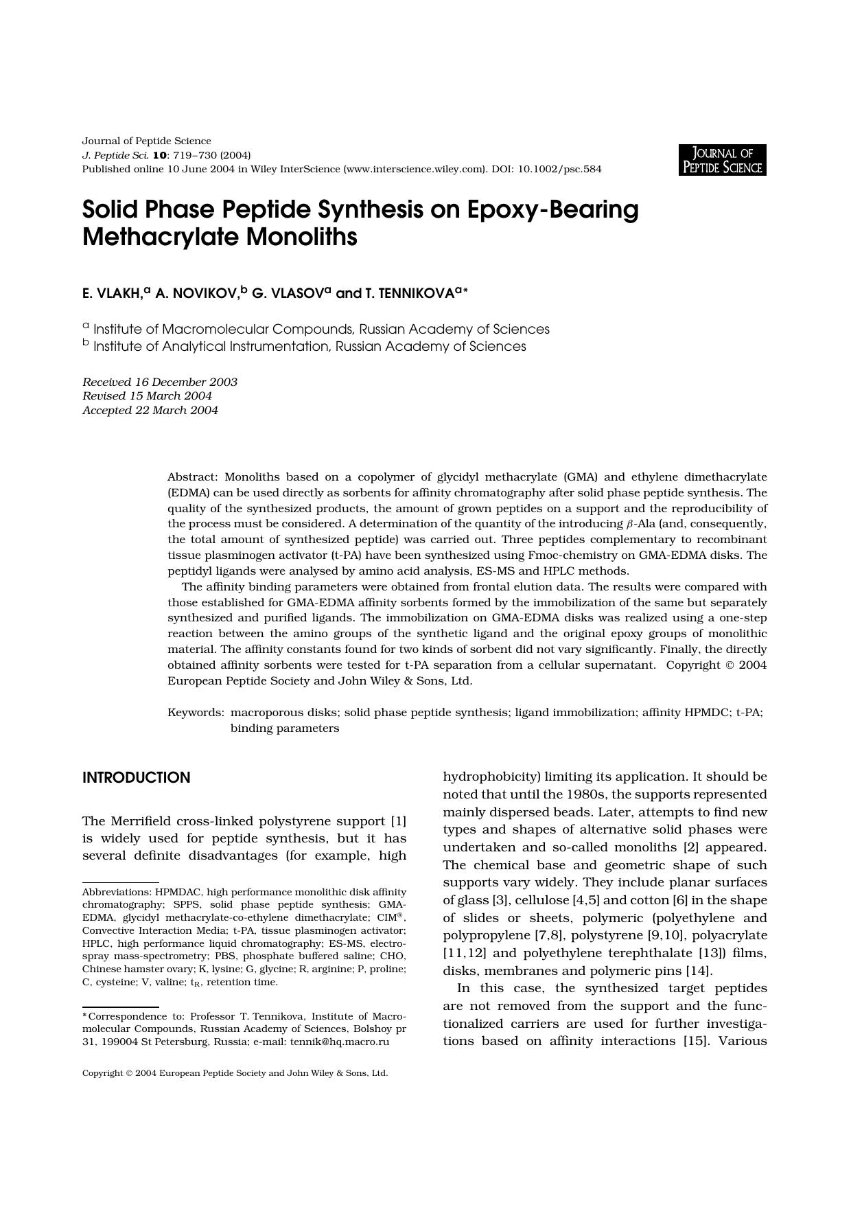 Solid phase peptide synthesis on epoxy-bearing methacrylate monoliths by Unknown